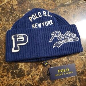 Polo Ralph Lauren Navy Knit Hat with Embroidered Logos